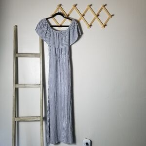 MAURICES BLUE AND WHITE STRIPED OFF THE SHOULDER MAXI DRESS SIZE SMALL